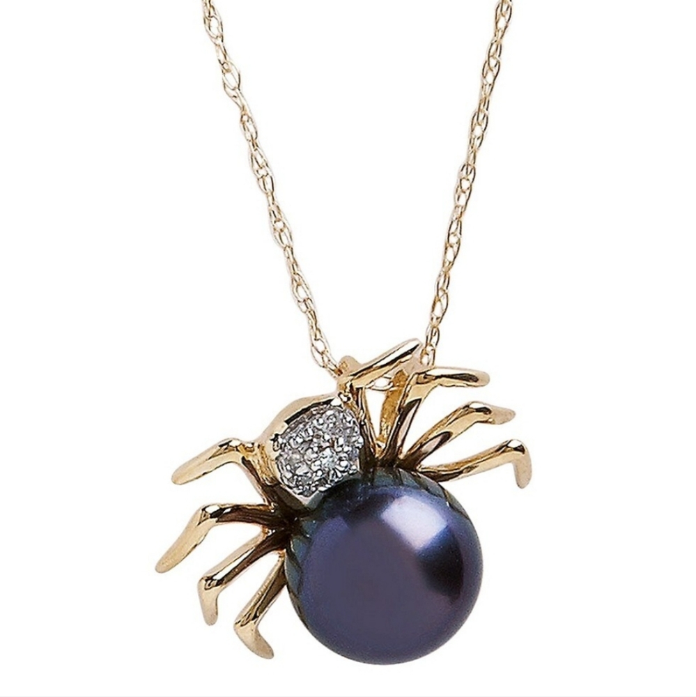 10K Yellow Gold Diamond And Black Pearl Spider Pendant